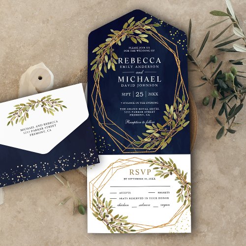 Rustic Olive Branch Gold Frame Navy Blue Wedding All In One Invitation