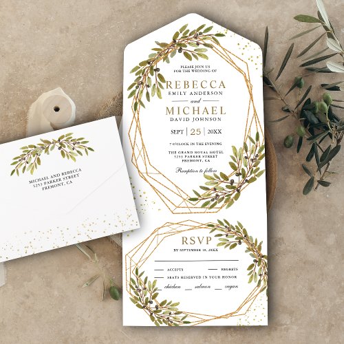 Rustic Olive Branch Gold Geometric Frame Wedding All In One Invitation