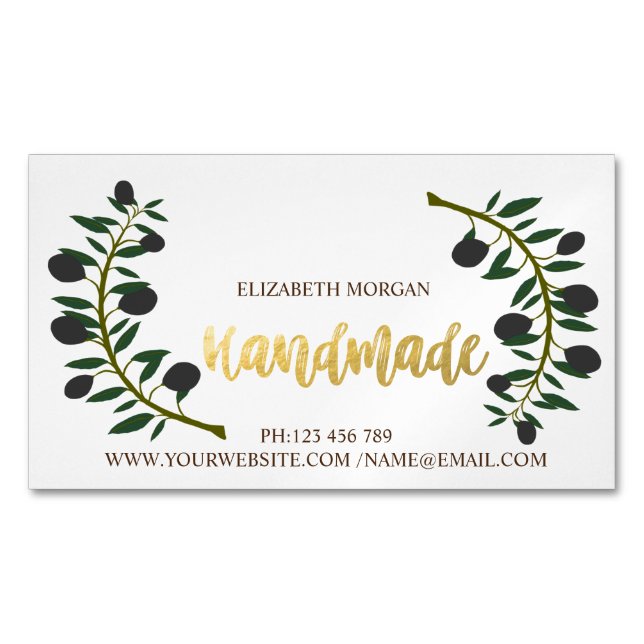 Rustic, Olive Branch,Handmade Business Card Magnet (Front)