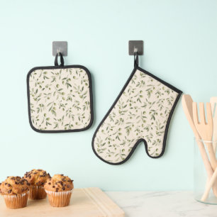 Rustic Olive Branch Mediterranean Pattern Oven Mitt & Pot Holder Set