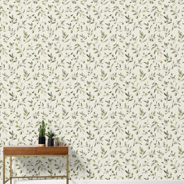 Rustic Olive Branch Mediterranean Pattern Wallpaper (Hallway)