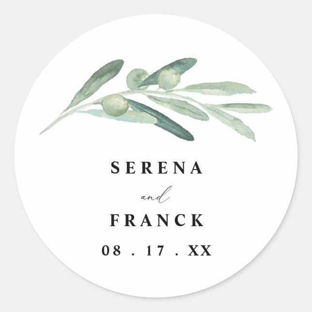 Rustic Olive Branch Wedding Classic Round Sticker (Front)