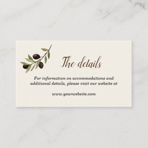 Rustic olive branch  wedding details card