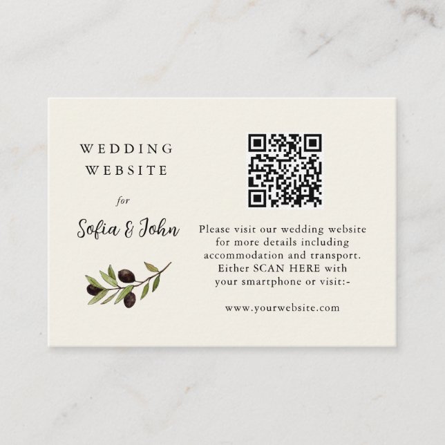 Rustic Olive branch Wedding details with QR code  Place Card (Front)