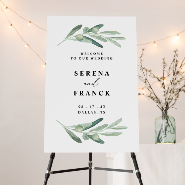 Rustic Olive Branch Wedding Welcome Sign, Foam Board (In Situ (Stand))