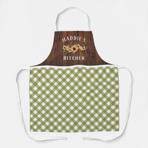 Rustic Olive Gingham Floral Bouquet Add Name Apron