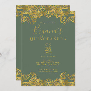 Rustic Olive & Gold Lace Elegant Quinceañera Invitation