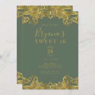 Rustic Olive & Gold Lace Elegant Sweet 16 Party Invitation