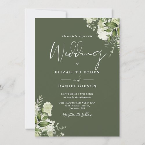 Rustic Olive Green Floral QR Code Wedding Invitation