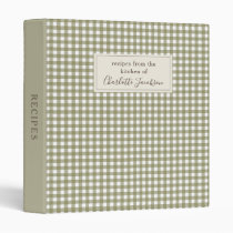 Rustic Olive Green Gingham Plaid Monogram Recipe 3 Ring Binder
