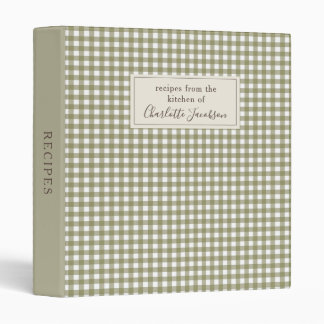 Rustic Olive Green Gingham Plaid Monogram Recipe 3 Ring Binder