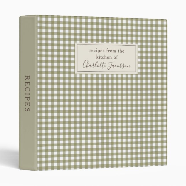 Rustic Olive Green Gingham Plaid Monogram Recipe 3 Ring Binder (Front/Spine)
