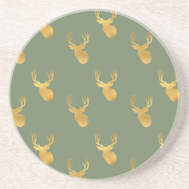 Rustic Olive Green Gold Deer Christmas Coaster (Front)