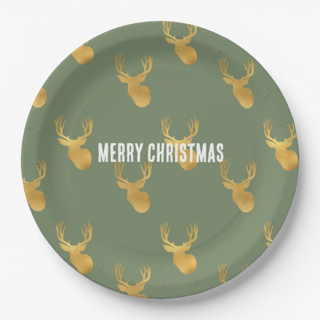 Rustic Olive Green Gold Deer Christmas Paper Plates (Front)