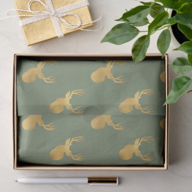 Rustic Olive Green Gold Deer Christmas Tissue Paper (Gift)