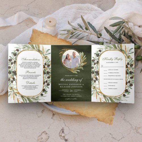 Rustic Olive Green Gold Leaves Photo Wedding Tri_Fold Invitation