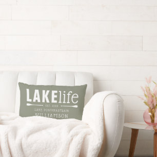 Rustic Olive Green Lake Life Personalized Lumbar Pillow
