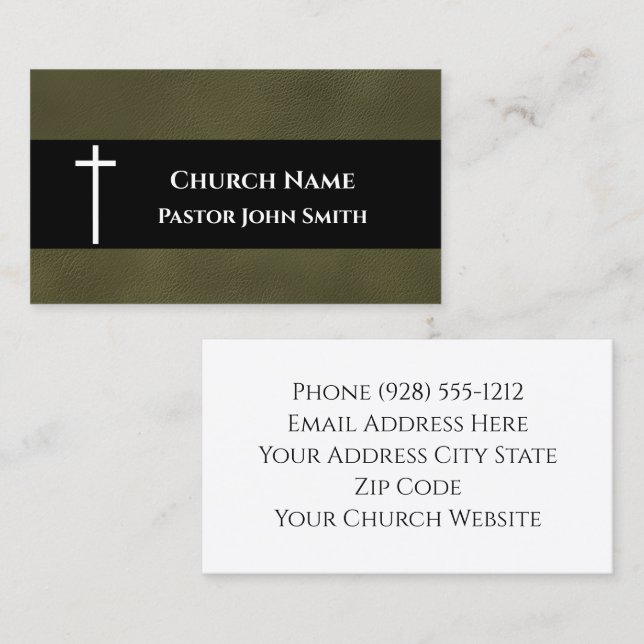Rustic Olive Green Leather Church Business Card (Front/Back)