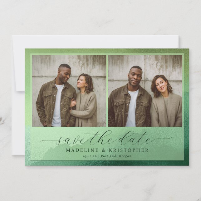 Rustic Olive Green Photo Collage Save The Date (Front)