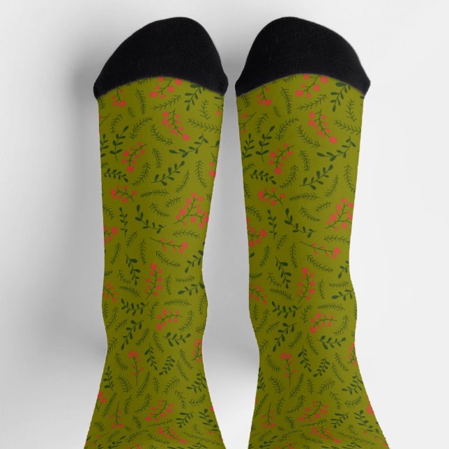 Rustic olive green red foliage greenery pattern socks (Top)