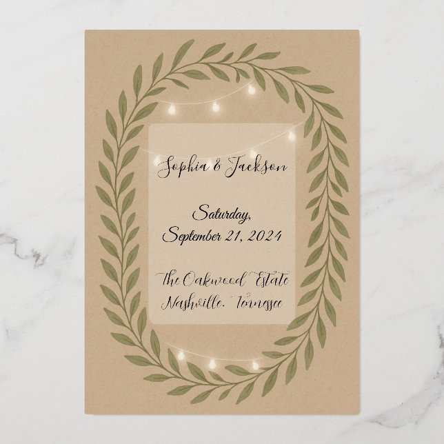 Rustic Olive Green Wedding Invitation with String  Foil Invitation (Front)