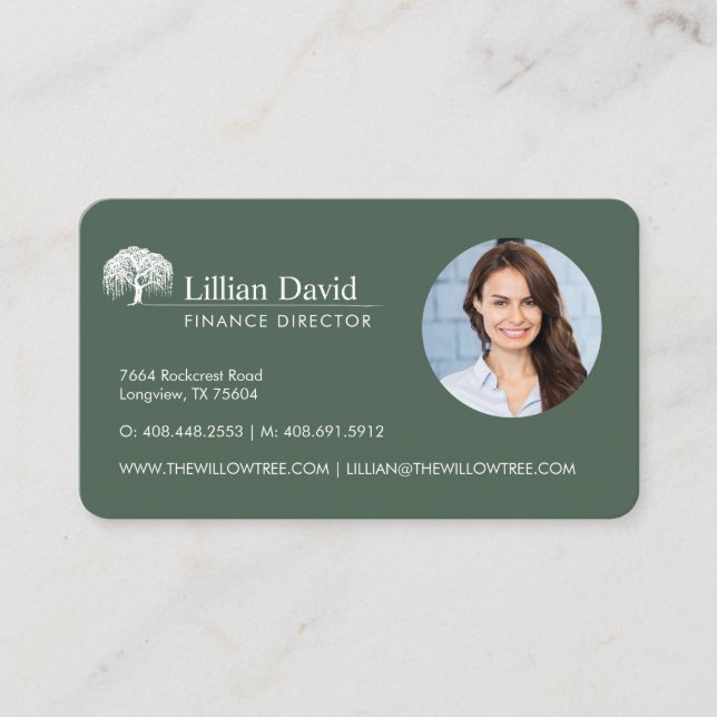 Rustic Olive Green & White Willow Tree Logo Photo Business Card (Front)