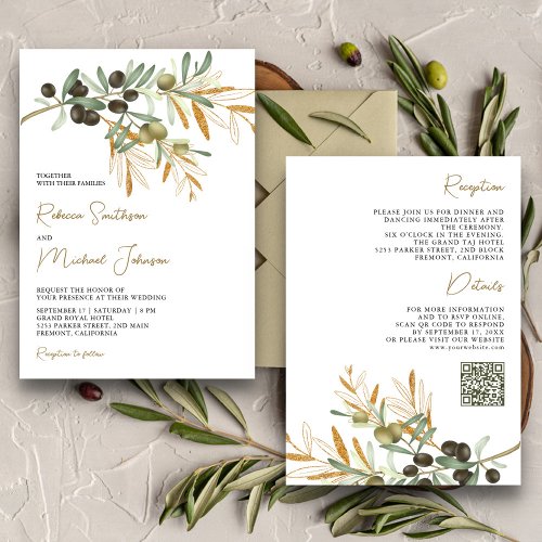 Rustic Olive Leaves All in One QR Code Wedding Invitation