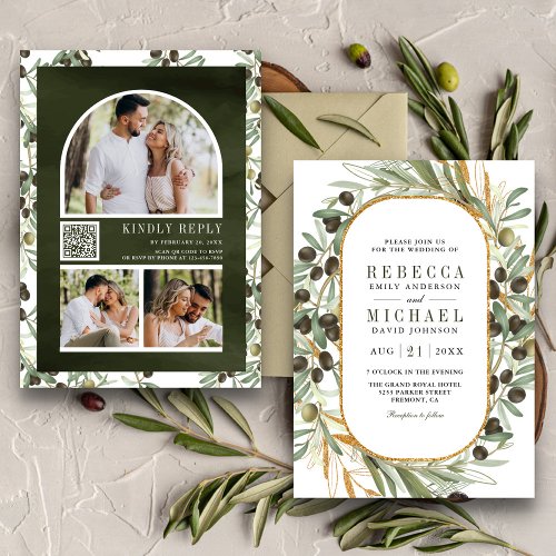 Rustic Olive Leaves Photo Collage QR Code Wedding Invitation
