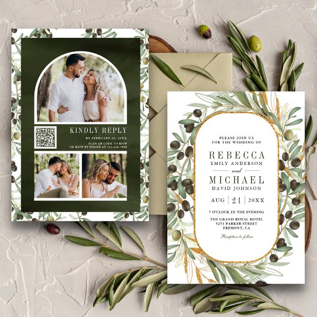 Rustic Olive Leaves Photo Collage QR Code Wedding Invitation (Creator Uploaded)