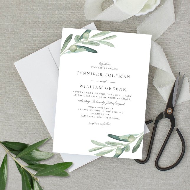 Rustic Olive Tree Watercolor Botanicals Wedding Invitation (Creator Uploaded)