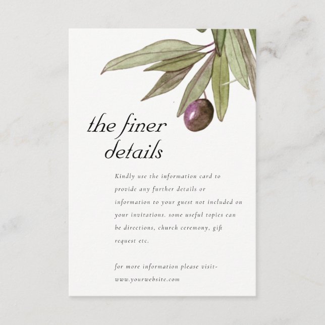 RUSTIC OLIVE WATERCOLOR FOLIAGE WEDDING DETAILS ENCLOSURE CARD (Front)