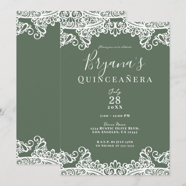 Rustic Olive & White Lace Elegant Quinceañera   Invitation (Front/Back)