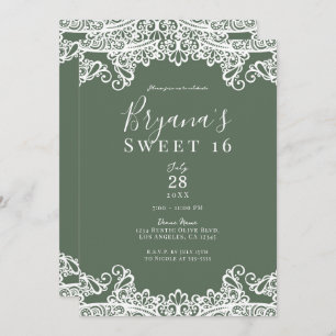 Rustic Olive & White Lace Elegant Sweet 16 Party Invitation