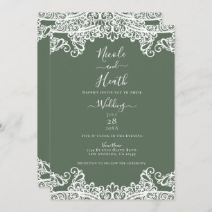Rustic Olive White Lace Elegant Wedding Invitation