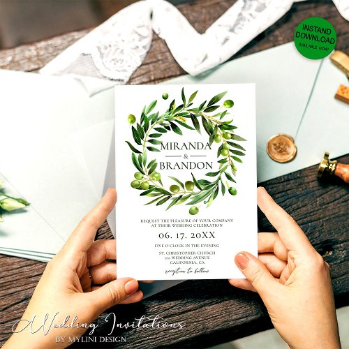 Rustic Olive Wreath Greenery Wedding Invitation