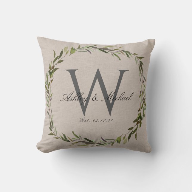 Rustic Olive Wreath Monogram Wedding Keepsake Throw Pillow (Front)