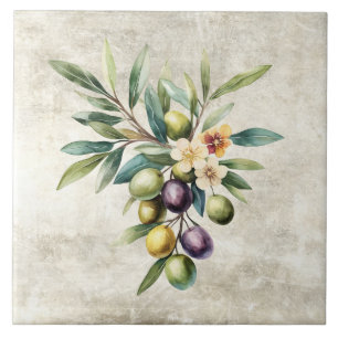 Rustic Olives Vine Blossoms Faux Texture  Ceramic Tile