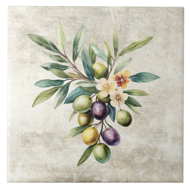 Rustic Olives Vine Blossoms Faux Texture  Ceramic Tile (Front)