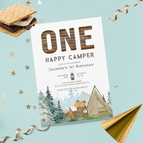 Rustic One Happy Camper Birthday Invitation