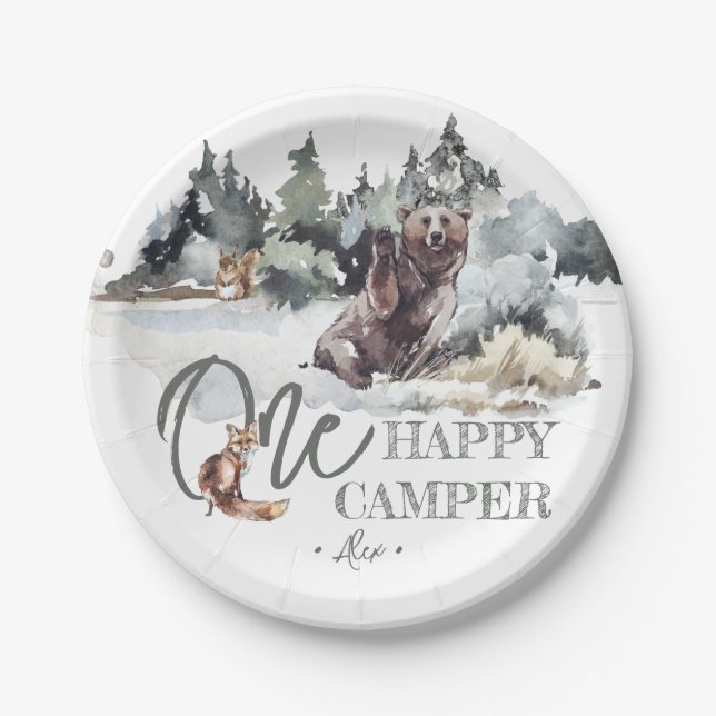 Rustic One Happy Camper Birthday Party Paper Plates (Front)