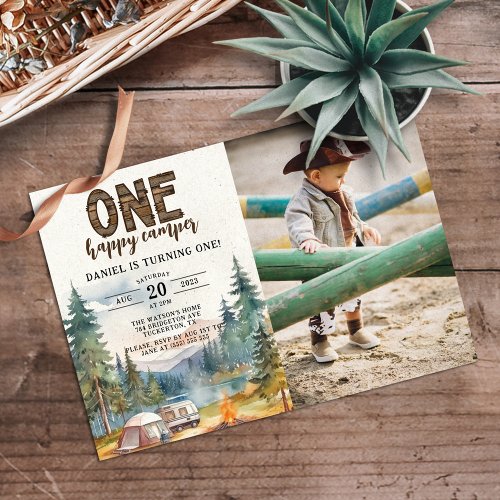 Rustic One Happy Camper Photo 1st Birthday Party Invitation