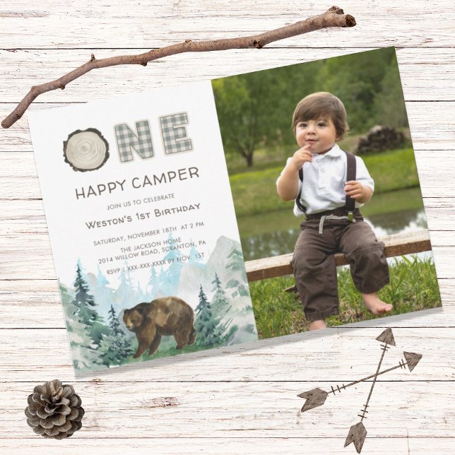 Rustic One Happy Camper Photo Birthday Invitation (Creator Uploaded)