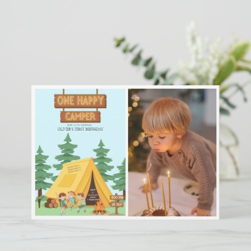 Rustic one happy camper photo first birthday invitation