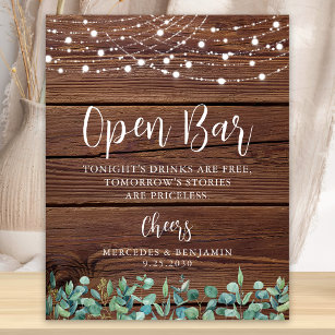 Rustic Open Bar Greenery String Lights Wedding Poster