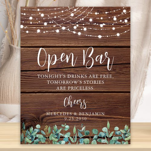 Rustic Open Bar Greenery String Lights Wedding Poster