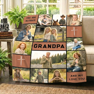 Rustic Orange 12 Photo Custom Grandpa Name Legacy Fleece Blanket