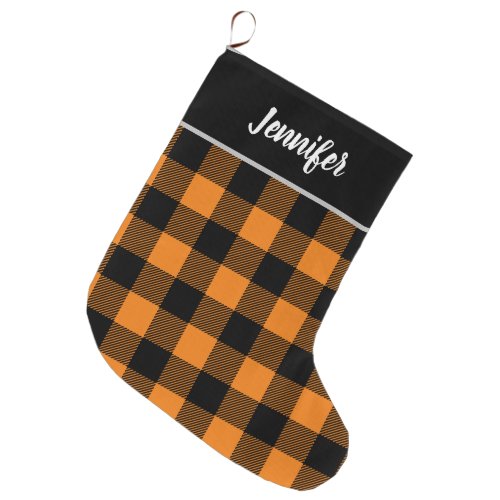 Rustic Orange and Black Buffalo Check Monogram Large Christmas Stocking