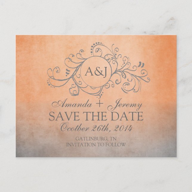 Rustic Orange and Grey Bohemian Save The Date Announcement Postcard (Front)