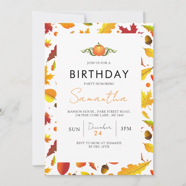 Rustic Orange Autumn Fall Birthday  Invitation (Front)