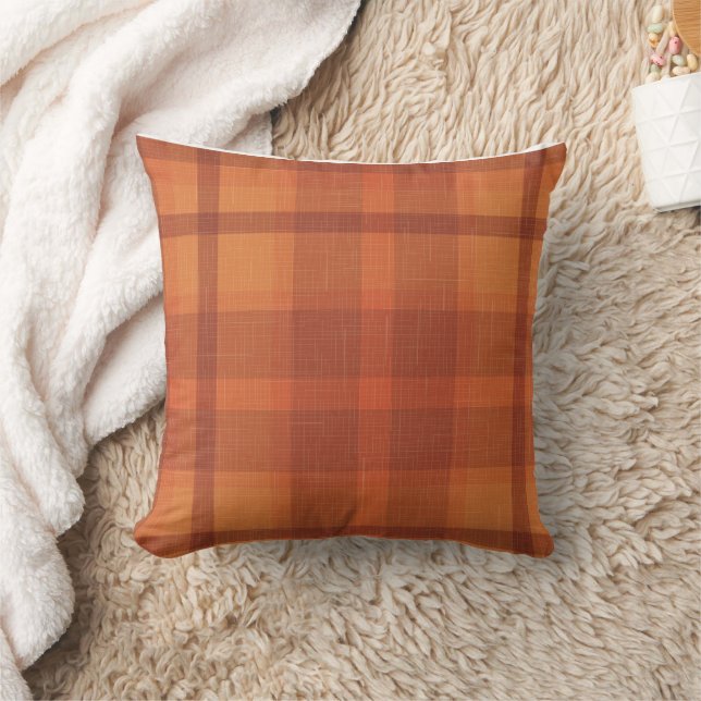 Rustic Orange Autumn  Fall Plaid Tartan  Throw Pillow (Blanket)